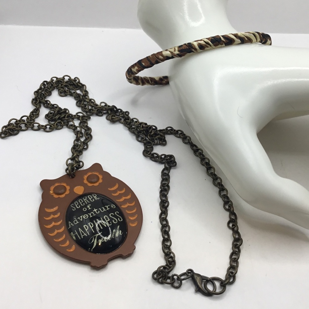 Owl Pendant Necklace and Animal Print Bracelet Set